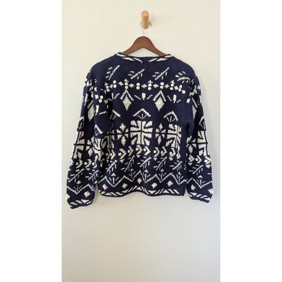 Vintage Jennifer Reed Hand Knit Sweater Sz 4 Pom Pom Cottage Cabin Navy White - Picture 4 of 8